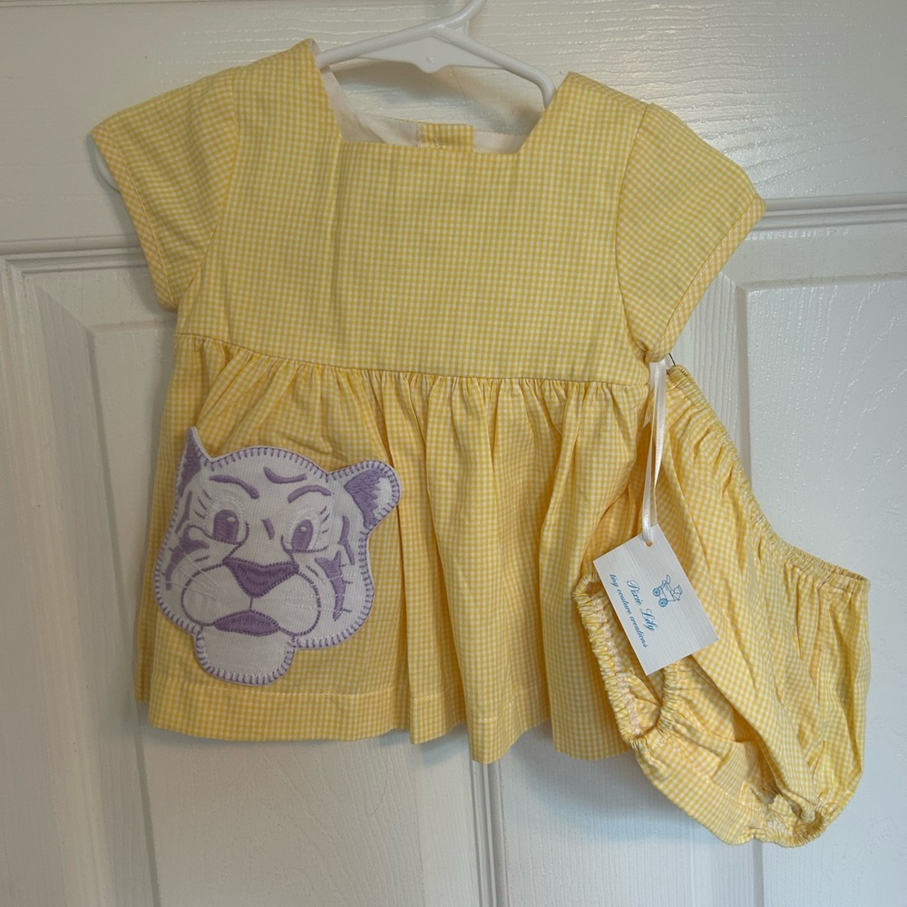 Yellow 6 month Gingham Kids Dress w/ Tiger Patch (LSU) w/ Diaper Cover